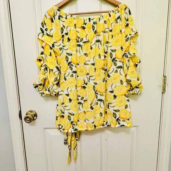 CECE BOHO LEMON SANTORINI VIBE YELLOW PHEASANT SHEER TIERED SLEEVE BLOUSE - Picture 2 of 8